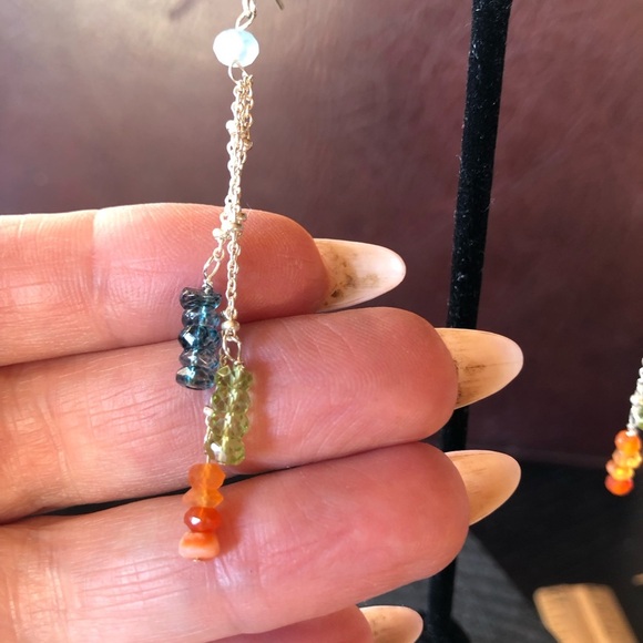 Artisan gemstone long dangle earring sterling silver trio peridot apatite 2.75” - Picture 3 of 7